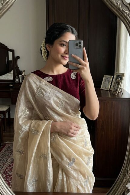 sequence butti satin saree with contrast blouse front view