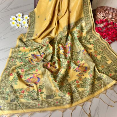 mustard yellow munga cotton saree