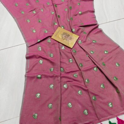 Peach Pink Sequence Mul Cotton Saree with Tassels