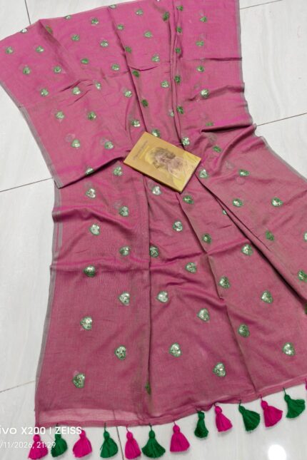 Peach Pink Sequence Mul Cotton Saree with Tassels