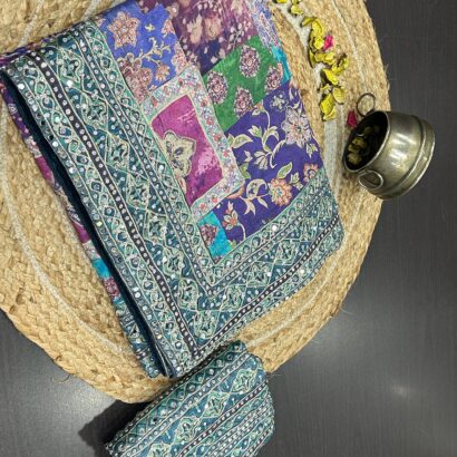 Ajrak print satin silk saree with mirror work and stone embellishment