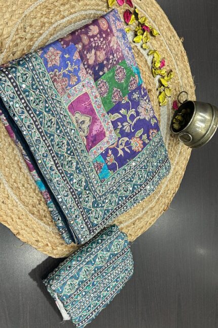 Ajrak print satin silk saree with mirror work and stone embellishment