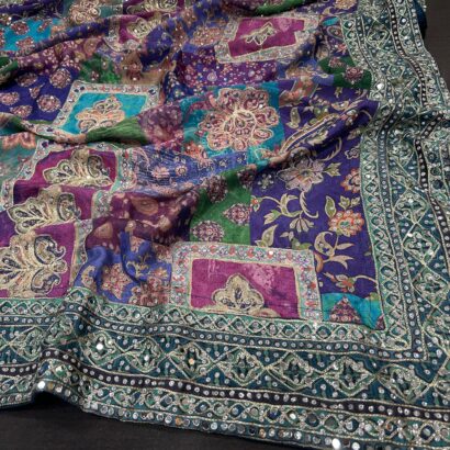 Ajrak print satin silk saree with mirror work and stone embellishment