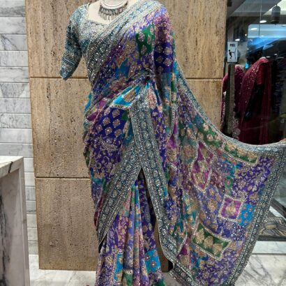 Ajrak print satin silk saree with mirror work and stone embellishment
