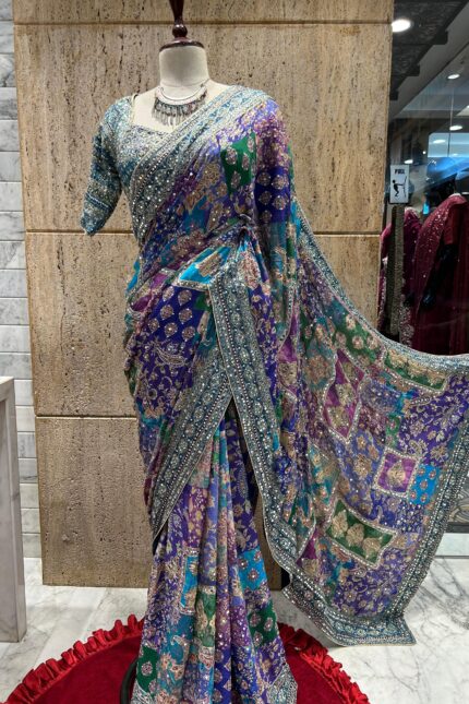 Ajrak print satin silk saree with mirror work and stone embellishment