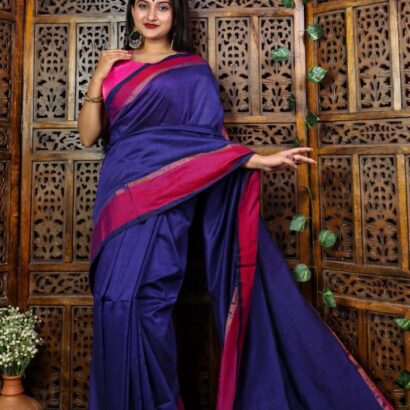Royal blue pure Bengal handloom cotton saree with zari and satin border and beautiful tassels