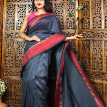 Grey pure Bengal handloom cotton saree with zari and satin border and beautiful tassels