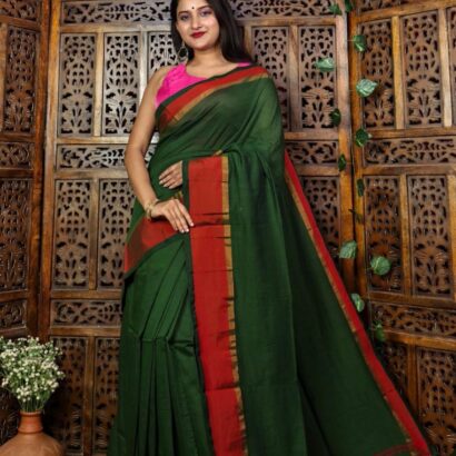 Dark green pure Bengal handloom cotton saree with zari and satin border and beautiful tassels