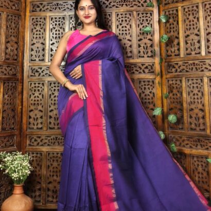 Violet pure Bengal handloom cotton saree with zari and satin border and beautiful tassels