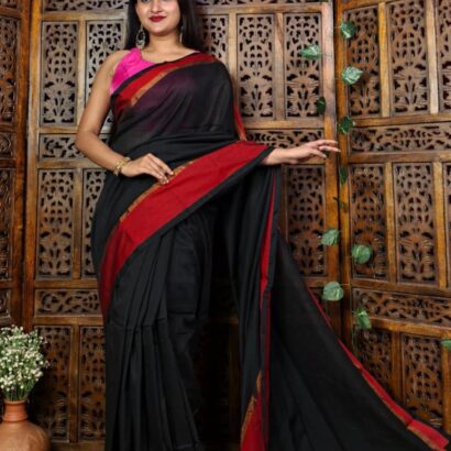 Black pure Bengal handloom cotton saree with zari and satin border and beautiful tassels