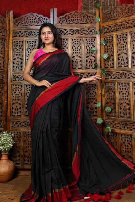 Black pure Bengal handloom cotton saree with zari and satin border and beautiful tassels