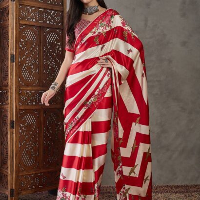Red Cream Striped Floral Saree in Semi Modal Silk with Designer Floral Print and Tassels