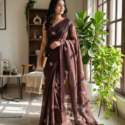 Brown Bengal Handloom Mul Cotton Saree with Rose Embroidery and Scalloped Border