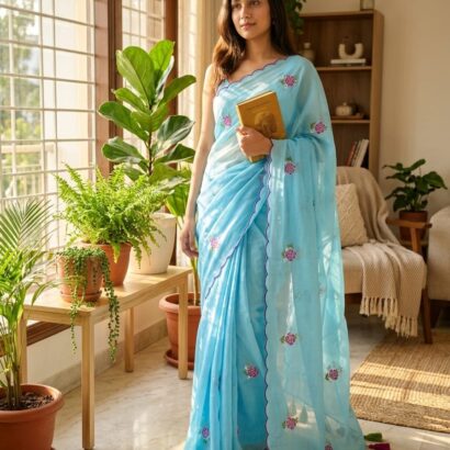 Sky blue Bengal Handloom Mul Cotton Saree with Rose Embroidery and Scalloped Border