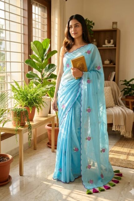 Sky blue Bengal Handloom Mul Cotton Saree with Rose Embroidery and Scalloped Border