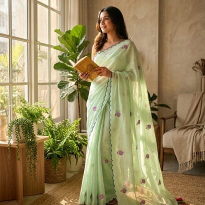Mint green Bengal Handloom Mul Cotton Saree with Rose Embroidery and Scalloped Border