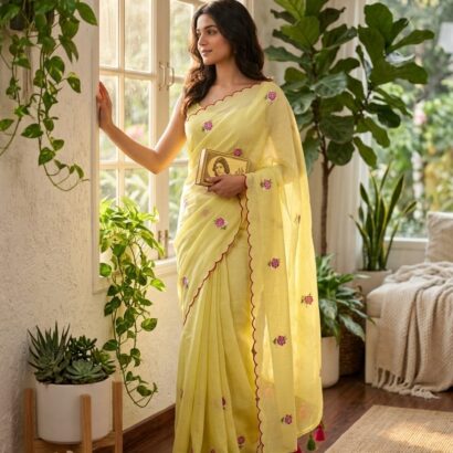 Yellow Bengal Handloom Mul Cotton Saree with Rose Embroidery and Scalloped Border