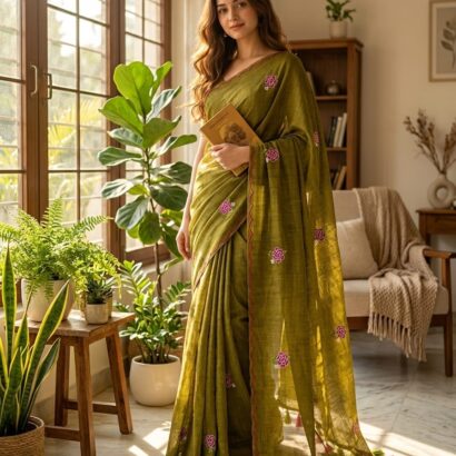 Olive Green Bengal Handloom Mul Cotton Saree with Rose Embroidery and Scalloped Border