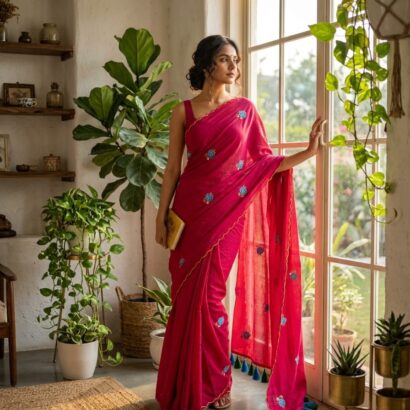 Pink Bengal Handloom Mul Cotton Saree with Rose Embroidery and Scalloped Border