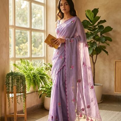 Lavender Bengal Handloom Mul Cotton Saree with Rose Embroidery and Scalloped Border