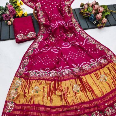 Rani Pink Pure Gaji Silk Bandhej Saree with Lagdi Patta Pallu and Handwork for Wedding & Festive Wear