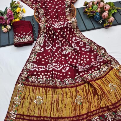 Wine Maroon Pure Gaji Silk Bandhej Saree with Traditional Bandhani Design and Gota Patti Handwork
