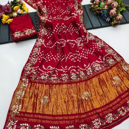 Bright Red Pure Gaji Silk Bandhej Saree with Designer Lagdi Patta Pallu and Handcrafted Work