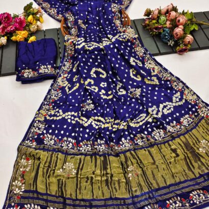 royal blue Bandhej Gaji Silk Saree with Elegant Handwork and Traditional Bandhani Pattern