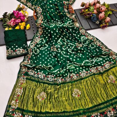 Bottle Green Pure Gaji Silk Bandhej Saree with Rich Handwork and Traditional Bandhani Design