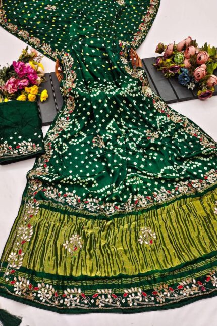 Bottle Green Pure Gaji Silk Bandhej Saree with Rich Handwork and Traditional Bandhani Design