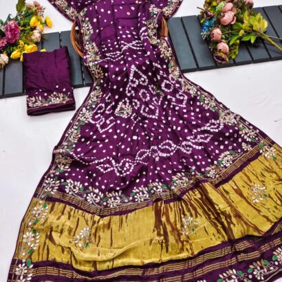 Deep Purple Bandhej Gaji Silk Saree with Elegant Handwork and Traditional Bandhani Pattern