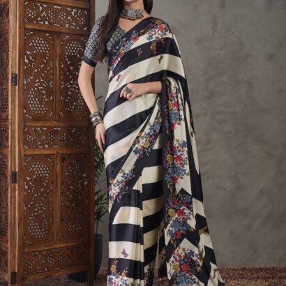Black Cream Striped Floral Saree in Semi Modal Silk with Designer Print and Tassels
