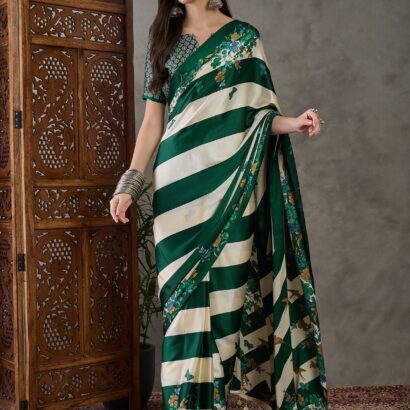 Bottle Green Cream Striped Floral Saree in Semi Modal Silk with Designer Print and Tassels