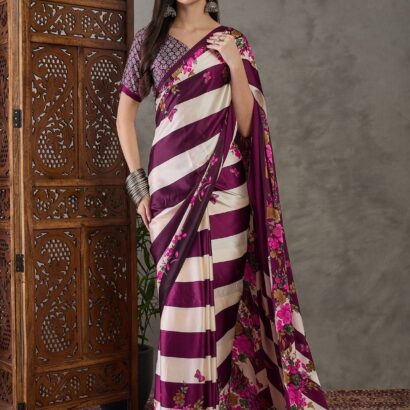 Wine Cream Striped Floral Saree in Semi Modal Silk with Floral Print and Tassels