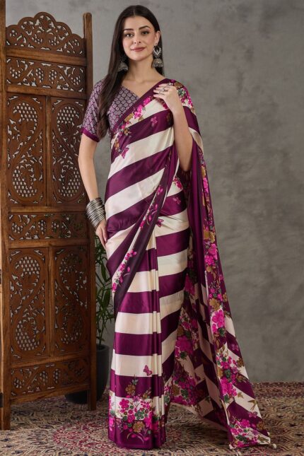 Wine Cream Striped Floral Saree in Semi Modal Silk with Floral Print and Tassels