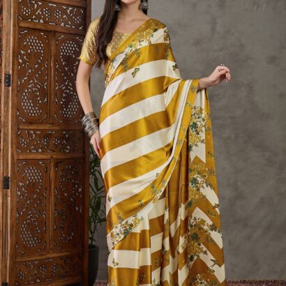 Mustard Yellow Cream Striped Floral Saree in Semi Modal Silk with Designer Print and Tassels