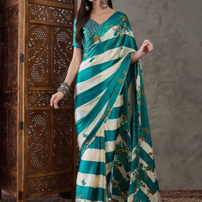 Teal Green Cream Striped Floral Saree in Semi Modal Silk with Designer Print and Tassels