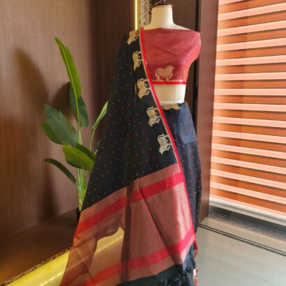 Black Raw Silk Tusser Bandhani Saree with Butti, Cow Border, Zari Pallu & Contrast Blouse