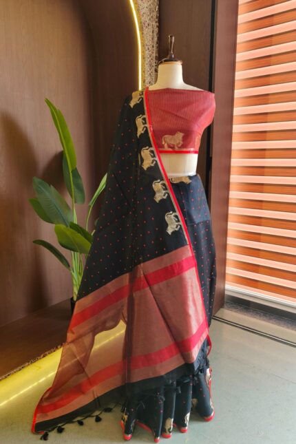 Black Raw Silk Tusser Bandhani Saree with Butti, Cow Border, Zari Pallu & Contrast Blouse