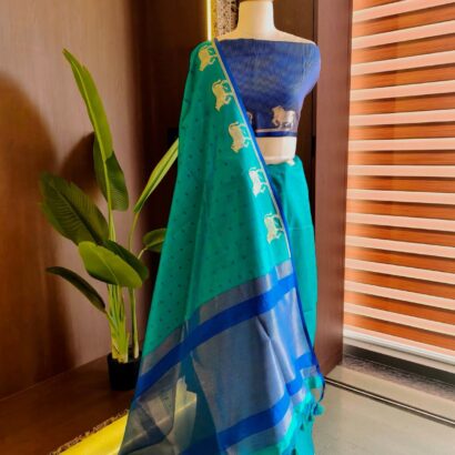 Teal Blue & Royal Blue Raw Silk Tusser Bandhani Saree with Butti, Cow Border, Zari Pallu & Contrast Blouse
