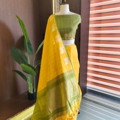 Mustard Yellow & Olive Green Raw Silk Tusser Bandhani Saree with Butti, Cow Border, Zari Pallu & Contrast Blouse