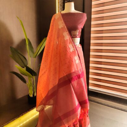Peach & Rani Pink Raw Silk Tusser Bandhani Saree with Butti, Cow Border, Zari Pallu & Contrast Blouse