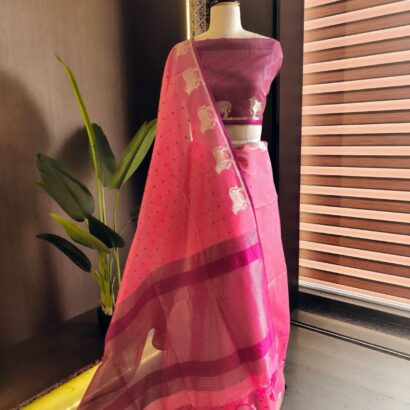 Hot Pink & Mangenta Raw Silk Tusser Bandhani Saree with Butti, Cow Border, Zari Pallu & Contrast Blouse