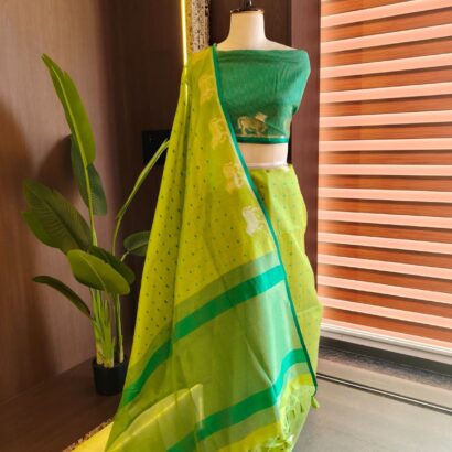 Lime Green & Emerald Green Raw Silk Tusser Bandhani Saree with Butti, Cow Border, Zari Pallu & Contrast Blouse