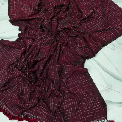 Maroon Handwoven Ikat Bengal Cotton Saree with Checks Pattern and Tassels