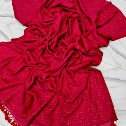 Red Handwoven Ikat Bengal Cotton Saree with Checks Pattern and Tassels