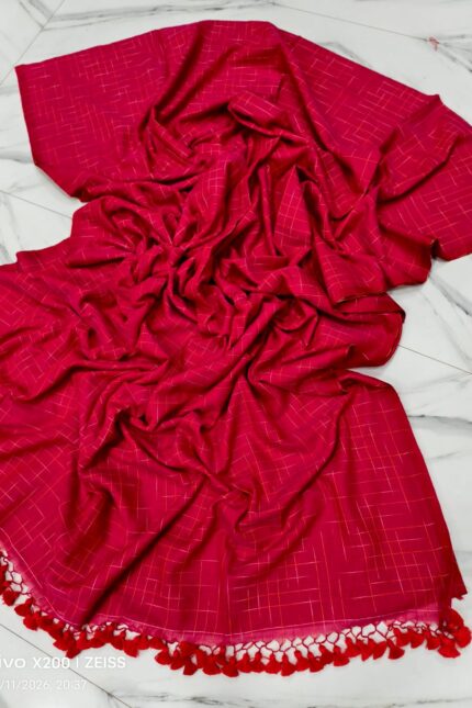Red Handwoven Ikat Bengal Cotton Saree with Checks Pattern and Tassels
