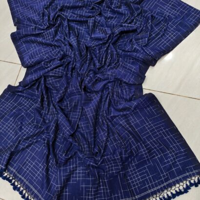 Navy Blue Handwoven Ikat Bengal Cotton Saree with Checks Pattern and Tassels