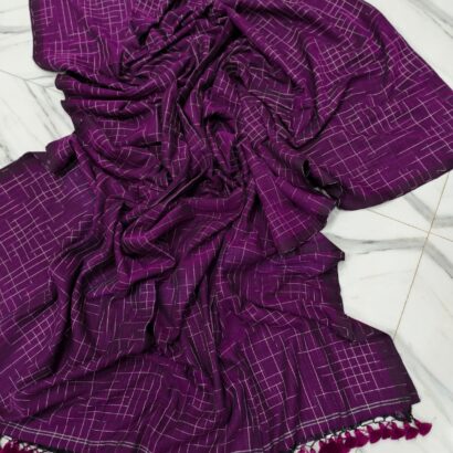 Purple Handwoven Ikat Bengal Cotton Saree with Checks Pattern and Tassels
