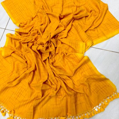 Mustard Yellow Handwoven Ikat Bengal Cotton Saree with Checks Pattern and Tassels